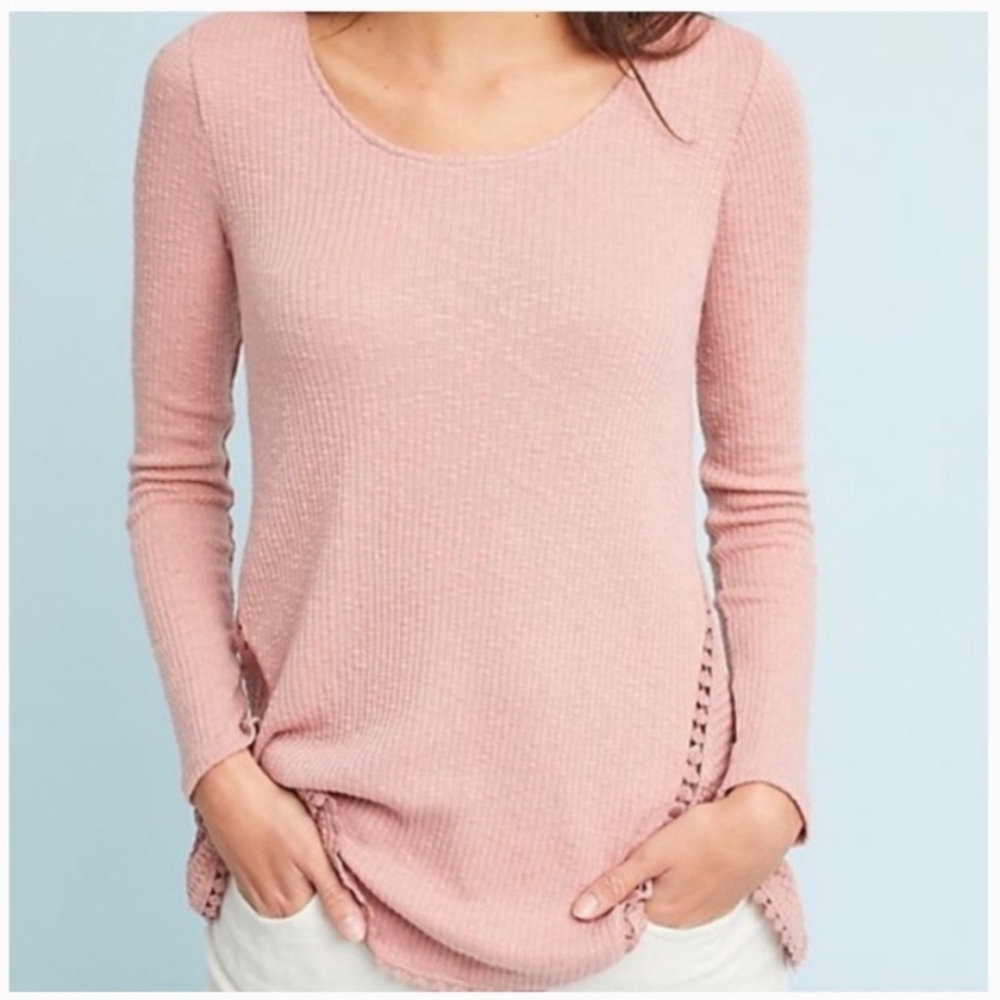 Anthropologie Eri + Ali Top Small Pink Waffle Knit Thermal Crochet Trim Boho - Picture 2 of 12